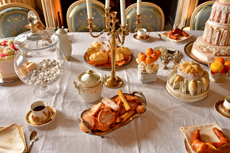 Laffitte Houses; France - July 12 2024: the dining room of the Comte d Artois in the classical...