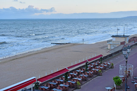 Cabourg; France - November 24 2023: the beach seen from a bedroom of the Grand Hotelのeditorial素材