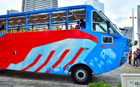 Yokohama, Japan - August 10 2024: amphibian bus in the city centerのeditorial素材