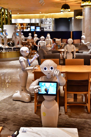 Tokyo; Japan - August 10 2024: robot in a bar restaurant in the Shibuya districtのeditorial素材