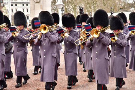 London, England - December 15 2023: the Scots Guard band parade on the Mall