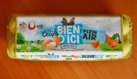 Versailles; France - October 27 2023: close up of an egg carton on a tableのeditorial素材