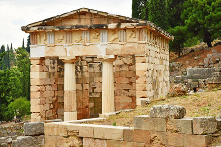 Delphi; Greece - August 31 2022: the Athenian Treasury in the archaeological siteのeditorial素材