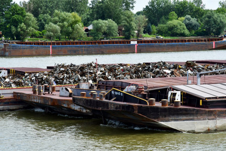 Ram, Serbia - June 28 2023:recovered metal in a bargeのeditorial素材