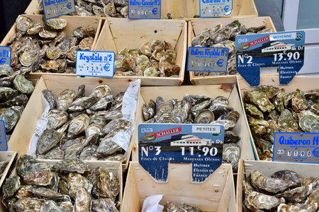 Le Touquet Paris Plage; France - April 20 2024: oysters on the Saturday marketのeditorial素材