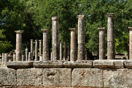 Ancient Olympia; Greece - August 30 2022: the archaeological site