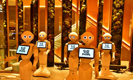 Tokyo; Japan - August 10 2024: robot in a bar restaurant in the Shibuya districtのeditorial素材