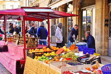 Sarlat la Caneda; France - October 7 2023: the picturesque Saturday marketのeditorial素材