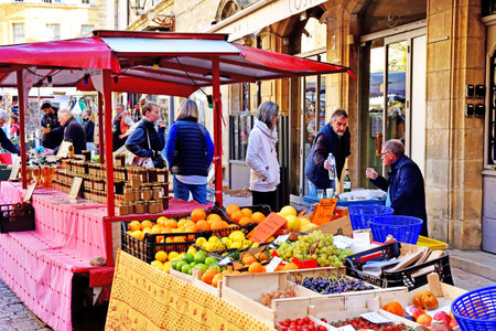 Sarlat la Caneda; France - October 7 2023: the picturesque Saturday marketのeditorial素材