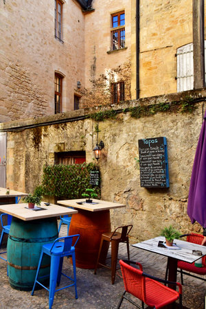 Sarlat la Caneda; France - October 7 2023: bar restaurant in the picturesque old city