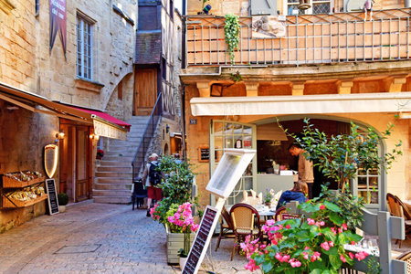 Sarlat la Caneda; France - October 7 2023: bar restaurant in the picturesque old cityのeditorial素材