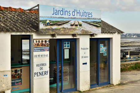 Penerf, France - January 2 2025: oyster shop in the village centerのeditorial素材