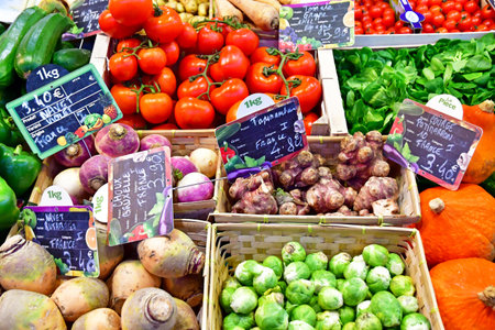 Pornichet, France - January 2 2025: fruits and vegetables on the covered market