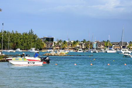 Grand Baie, Republic of Mauritius - July 28 2014: the picturesque seaside cityのeditorial素材