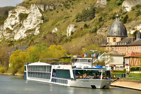 Les Andelys, France - April 4, 2025: the banks of the Seine river in Le Petit Andelysのeditorial素材