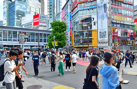 Tokyo; Japan - August 10 2024: the Shibuya crossing in the Shibuya district