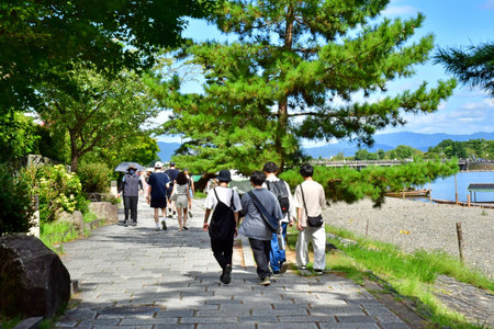 Kyoto; Japan - august 10 2024: path near the Oi river in Arashiyamaのeditorial素材