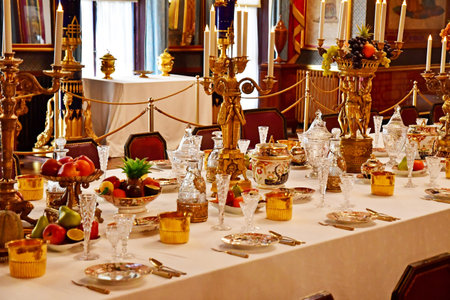 Brighton, England - June 04 2023: dining room in the Royal Pavillion
