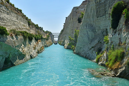 Corinth; Greece - August 30 2022: the picturesque Corinth canalの写真素材
