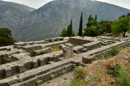 Delphi; Greece - August 31 2022: the Appolo Temple in the archaeological site
