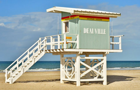 Deauville; France - October 12 2024: the lifeguard hut near on the beachのeditorial素材