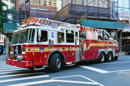 New York, USA - September 9 2023: fire engine in the 48th streetのeditorial素材