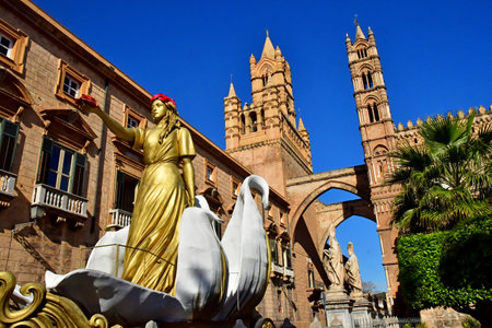 Sicily, Italy - March 8 2025: a statue in the Matteo Bonello street in Palermoのeditorial素材