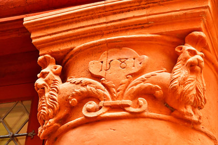 Le Mans; France - May 29 2025: red pillar in the picturesque old cityのeditorial素材