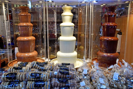 Budapest, Hungary - June 26 2023: chocolate fountain in the central market built in the 19th centuryのeditorial素材