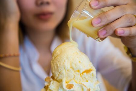 Ice cream in a half of melon balls. Bing suの写真素材