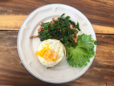 Spicy fried pork with basil leaves and fried egg.の写真素材