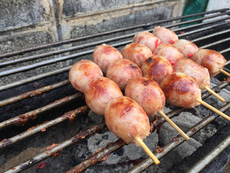 Barbecue pork Toast grill or Toast pork with Thai garnish nutrition preparation for cooking. Thai food, Street food.の写真素材