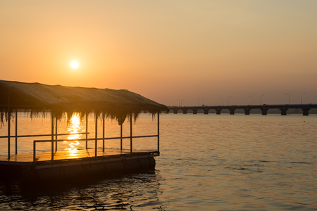 Sunset among the rivers and bridges, bammboo pontoonの写真素材