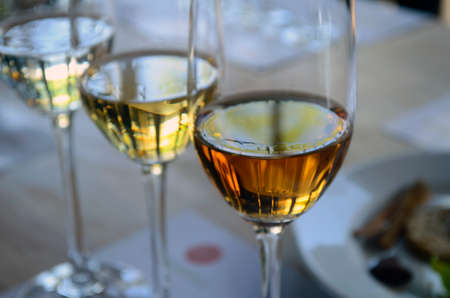 tequila tasting, close up of thequila tasting glass, reposado, blanco and aÃ±ejo tequila, Cozumel, Quintana Roo Mexicoの写真素材