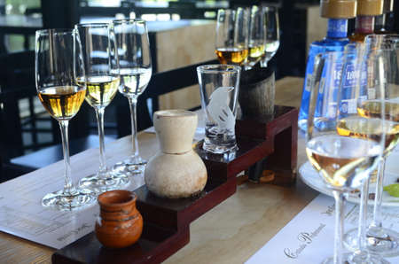 tequila tasting, close up of thequila tasting glass, reposado, blanco and aÃ±ejo tequila, Cozumel,...