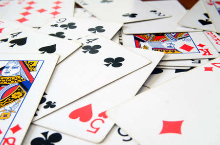 set of playing cards, poker playing cards, red and blue playing cards, spades, diamonds, hearts and cubsの写真素材