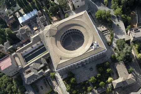 Aerial view of the palace of Charles V next to the Alhambra in Granadaのeditorial素材