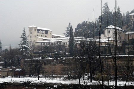 Views of the Generalife and the Alhambra in Granada with snowのeditorial素材