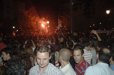 celebracin in grenada after the final for promotion to first division, apoyndoles with fans at the source of battles 18/06/2011のeditorial素材