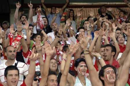 celebracin in grenada after the final for promotion to first division, apoyndoles with fans at the soccer field of crmenes 19/06/2011のeditorial素材