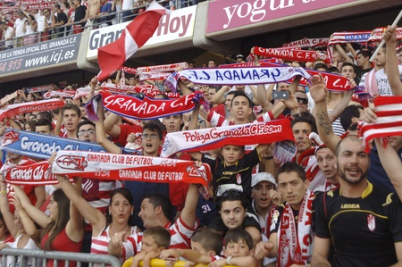 celebracin in grenada after the final for promotion to first division, apoyndoles with fans at the soccer field of crmenes 19/06/2011のeditorial素材