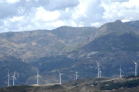 wind turbines in the town of lanjaron, granada in the alpujarras. production of wind energy, renewable energyの写真素材