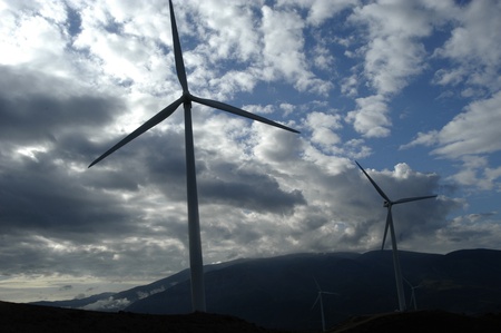 wind turbines in the town of lajaron, in alpujarra de granada. production of wind energy, renewable energyの写真素材