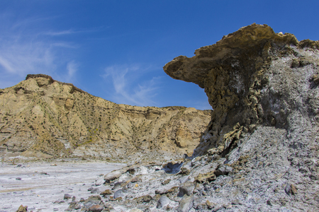 salt pan in desert, mountain in the tavernas desert, rocks in the desert of almeria, region of andalucia, spainの写真素材