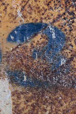 blue number scratched rusty metal texture, blue stencil painted on rusty background, number 3, number threeの写真素材