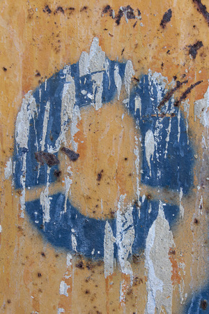 blue stencil painted on rusty  texture, blue stencil painted on rusty background, letter oの写真素材