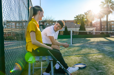 Two tennis players are sitting on a bench near the tennis net, relaxing after a match on a sunny dayの写真素材