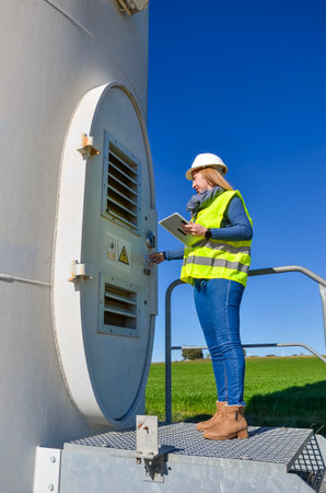 Female engineer wearing safety vest and helmet working at wind turbine access door, holding digital tablet and inspectingの写真素材