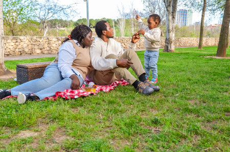 Family enjoying a picnic in the park, parents relaxing on blanket while their toddler plays nearbyの写真素材