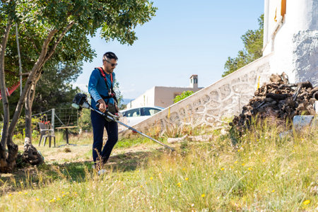 Gardener using a brushcutter is cutting grass in a garden during a sunny day